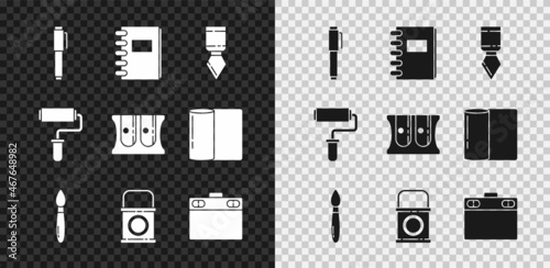 Set Pen, Spiral notebook, Palette knife, Paint brush, bucket, Graphic tablet, roller and Pencil sharpener icon. Vector
