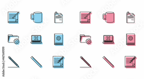 Set line Pencil with eraser and line, Ruler, Blank notebook pen, pencil, Laptop cross mark on screen, User manual, Folder settings gears and Coffee cup flat icon. Vector