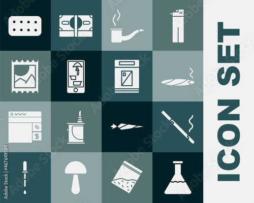 Set Test tube and flask, Cigarette, with smoke, Smoking pipe, Buying drugs online on phone, LSD acid mark, Pills blister pack and Cigarettes box icon. Vector