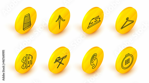 Set line Round adjustable embroidery hoop, French curves, Electric iron and ironing board, Hanger wardrobe, Needle for sewing with thread and Sewing spool icon. Vector