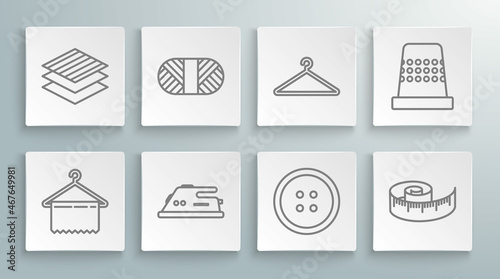 Set line Hanger wardrobe, Sewing thread on spool, Electric iron, button for clothes, Tape measure, Thimble sewing and Textile fabric roll icon. Vector