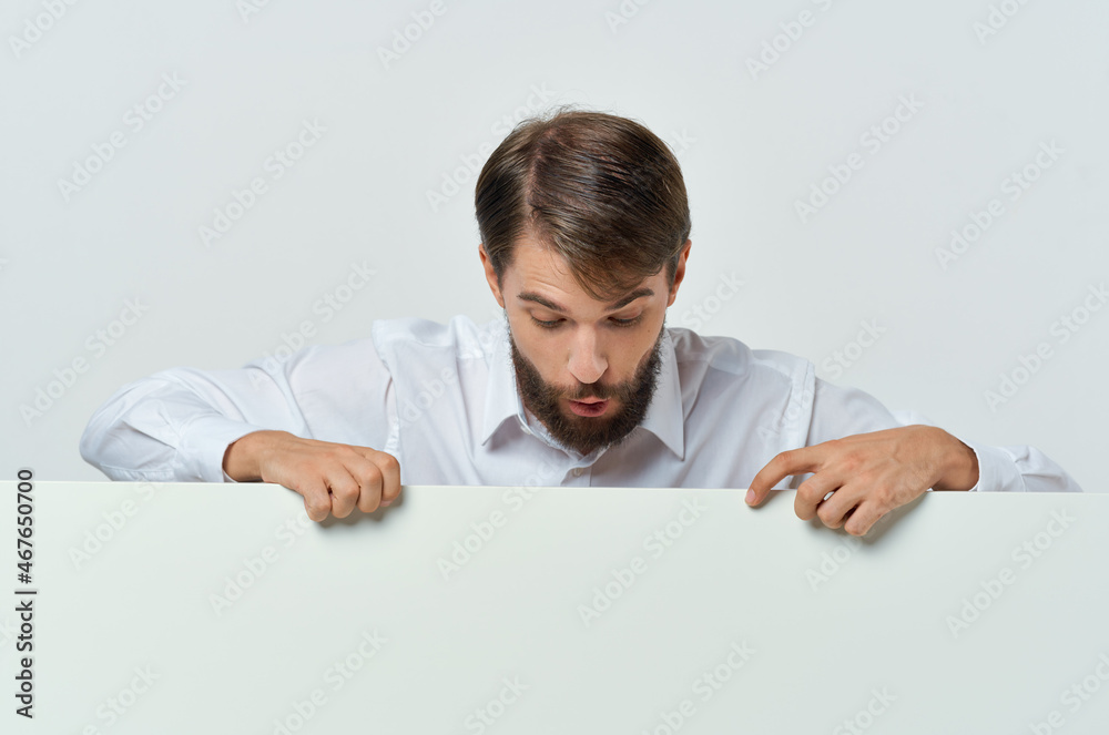 businessmen white banner in hand blank sheet presentation isolated background businessmen white banner in hand blank sheet presentation isolated background