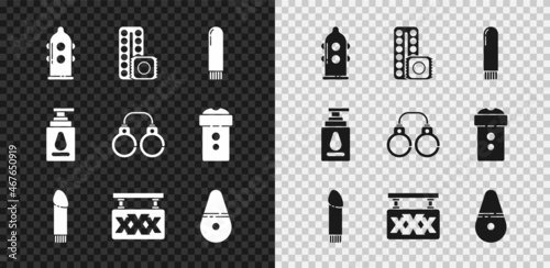 Set Condom, Birth control pills and condom, Dildo vibrator, Sex shop, Personal lubricant and Sexy fluffy handcuffs icon. Vector