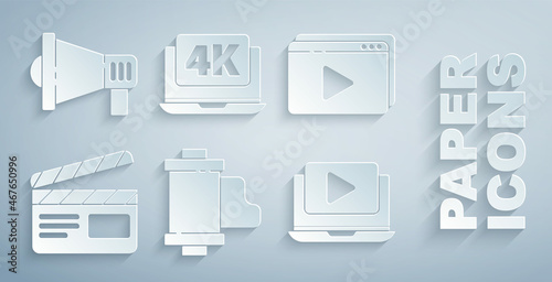 Set Camera vintage film roll cartridge, Online play video, Movie clapper, Laptop with 4k and Megaphone icon. Vector