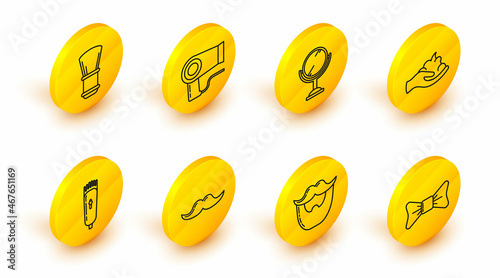 Set line Bow tie, Mustache and beard, Electrical hair clipper or shaver, Shaving gel foam on hand, Hand mirror, Hair dryer and brush icon. Vector