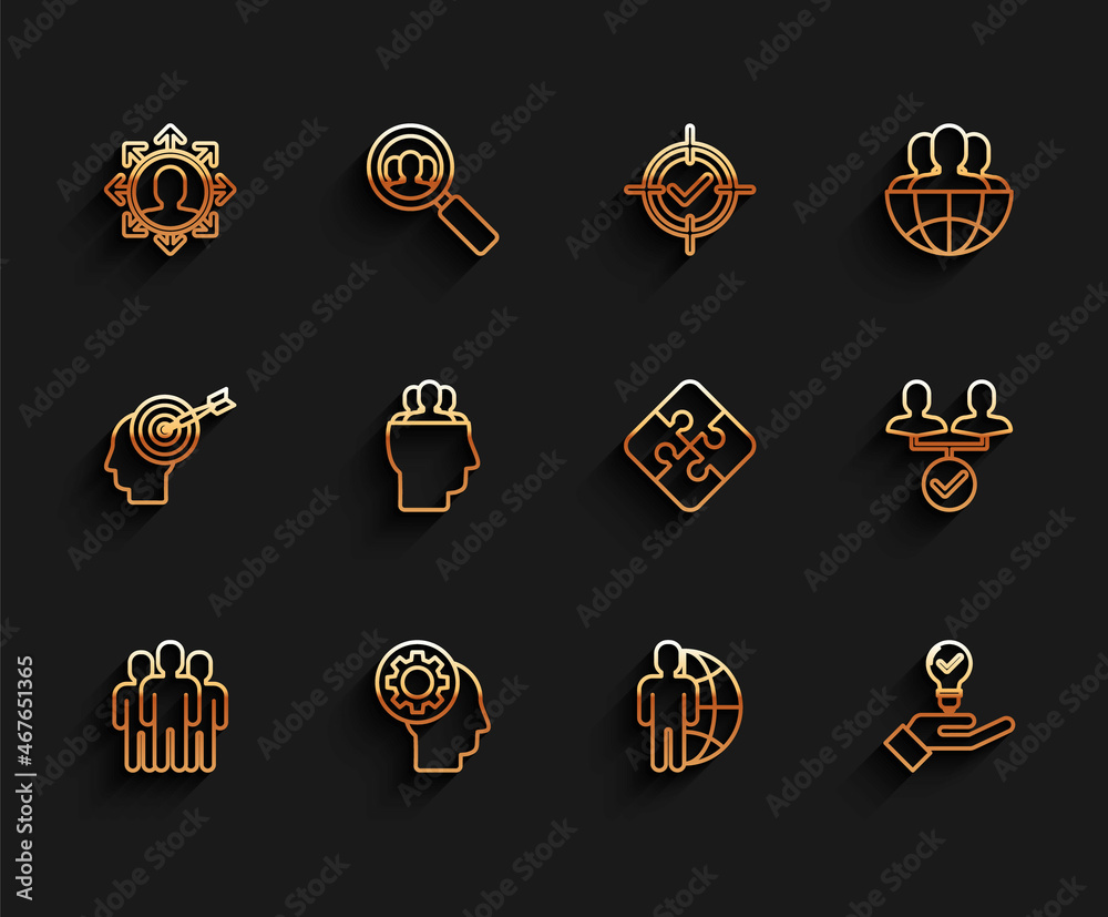 Set line Users group, Human head with gear inside, Project team base, Globe and people, Light bulb hand, and Piece of puzzle icon. Vector Set line Users group, Human head with gear inside, Project team base, Globe and people, Light bulb hand, and Piece of puzzle icon. Vector