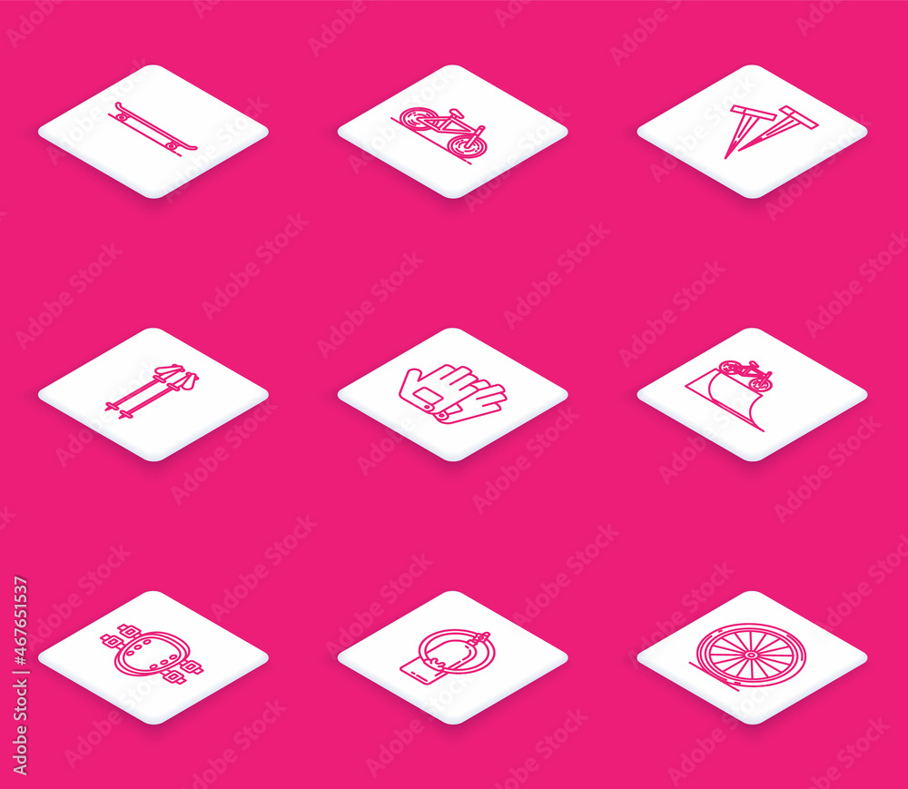 Set line Skateboard, Bicycle, Pegs for tents, Ski poles, Gloves, on street ramp, Knee pads and Aqualung icon. Vector Set line Skateboard, Bicycle, Pegs for tents, Ski poles, Gloves, on street ramp, Knee pads and Aqualung icon. Vector