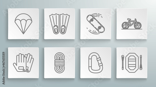 Set line Gloves, Rubber flippers for swimming, Climber rope, Carabiner, Rafting boat, Skateboard trick, Bicycle and Parachute icon. Vector