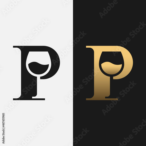 Letter Initial P Wine Glass Logo Design Template. Suitable for Bar Restaurant Cafe Winery Vineyard Pub Club Business Brand Company Logo Design.