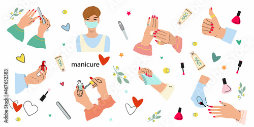 Women's hands, portrait of the master and various manicure accessories, nail polish, nail file, hand cream, face mask, cuticle oil and more. A large set of thematic vector illustrations.
