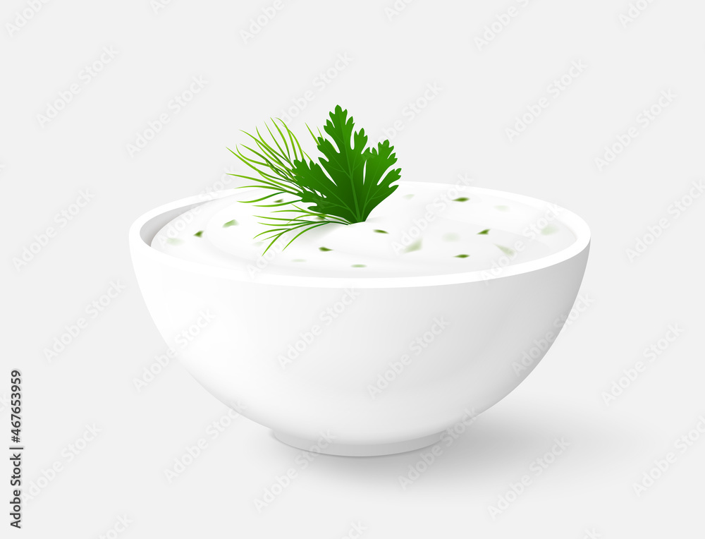 Bowl of white dipping sauce (Ranch or Tzatziki) with herbs (parsley and dill) on gray background. Realistic vector illustration. Side view. - obrazy, fototapety, plakaty 