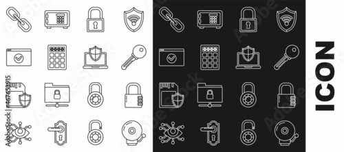Set line Ringing alarm bell, Safe combination lock, Key, Lock, Password protection and safety access, Secure your site with HTTPS, SSL, Chain link and Laptop protected shield icon. Vector
