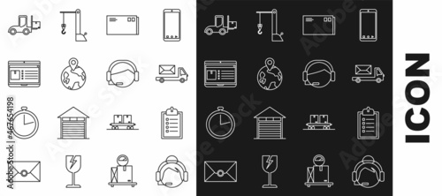 Set line Support operator in touch, Verification of delivery list clipboard, Post truck, Envelope, Worldwide, Laptop with app tracking, Forklift and icon. Vector
