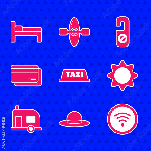 Set Taxi car roof, Elegant women hat, Wi-Fi wireless internet network, Sun, Rv Camping trailer, Credit card, Please do not disturb and Bed icon. Vector