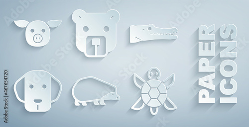 Set Hedgehog, Crocodile, Dog, Turtle, Bear head and Pig icon. Vector