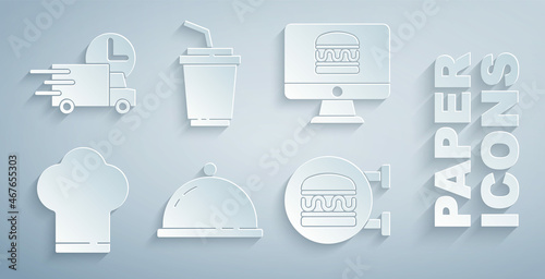Set Covered with a tray of food, Online ordering and delivery, Chef hat, burger, Paper glass water and Fast by car icon. Vector
