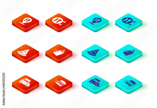 Set Fast delivery by car, Online ordering burger, Slice of pizza, and, Cafe restaurant location and icon. Vector