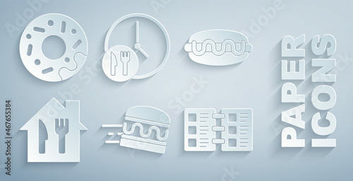 Set Online ordering burger delivery, Hotdog sandwich, Restaurant cafe menu, Round the clock and Donut icon. Vector