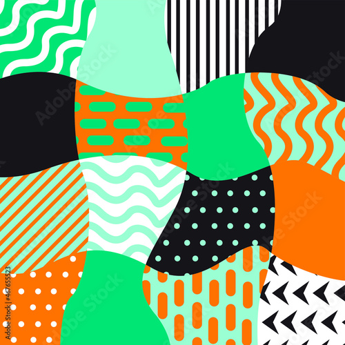 Vector graphics are an abstract pattern with curved patches and chaotic geometric shapes of trending colors. Concept - fashion print