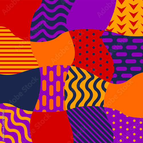 Vector graphics are a beautiful abstract pattern with multicolored mosaic patches and curved geometric shapes of bright red and orange trend colors. Concept paper packaging