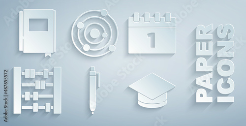 Set Pen, Calendar first september date, Abacus, Graduation cap, Solar system and Book icon. Vector