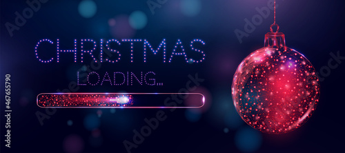 Wireframe Christmas ball and loading bar, low poly style. Merry Christmas and New Year banner. Abstract modern 3d vector illustration on blue background.	
