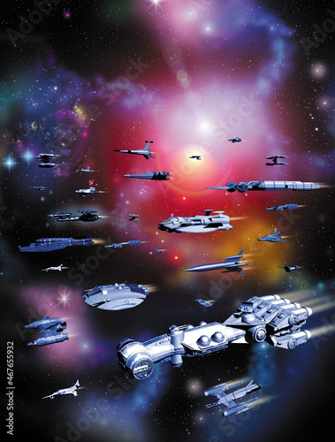 background with space and starships fleet, 3d illustration