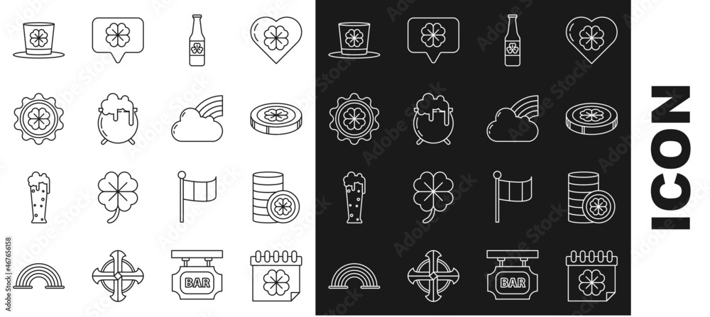 Set line Saint Patricks day with calendar, Gold coin four leaf clover, Beer bottle, Witch cauldron, Bottle cap, Leprechaun hat and and Rainbow cloud icon. Vector Set line Saint Patricks day with calendar, Gold coin four leaf clover, Beer bottle, Witch cauldron, Bottle cap, Leprechaun hat and and Rainbow cloud icon. Vector