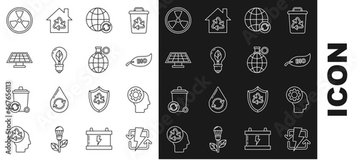 Set line Recharging, Human head with gear inside, Leaf Bio symbol, Planet earth and recycling, Light bulb leaf, Solar energy panel, Radioactive and icon. Vector