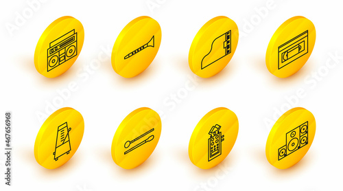 Set line Stereo speaker, Microphone, Drum sticks, Metronome with pendulum in motion, VHS video cassette tape, Grand piano, Clarinet and Home stereo two speakers icon. Vector