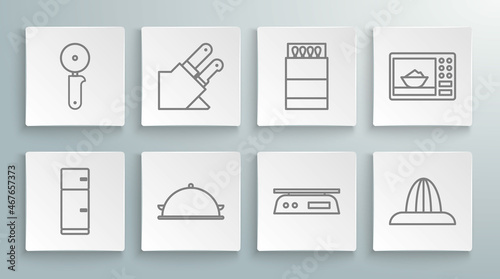 Set line Refrigerator, Knife, Covered with tray of food, Electronic scales, Citrus fruit juicer, Open matchbox and matches, Microwave oven and Pizza knife icon. Vector