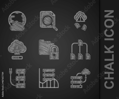 Set Folder and lock, Server, Data, Web Hosting, Network cloud connection, tree, Cloud computing, hacking and Social network icon. Vector