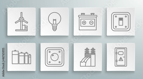 Set line Battery, Light bulb, Electric light switch, Nuclear power plant, Electrical cabinet, Car battery, and Wind turbine icon. Vector
