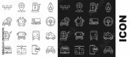 Set line Car, Ambulance and emergency car, Steering wheel, Electric charging station, Trolleybus, service, Taxi roof and Laptop with location marker icon. Vector