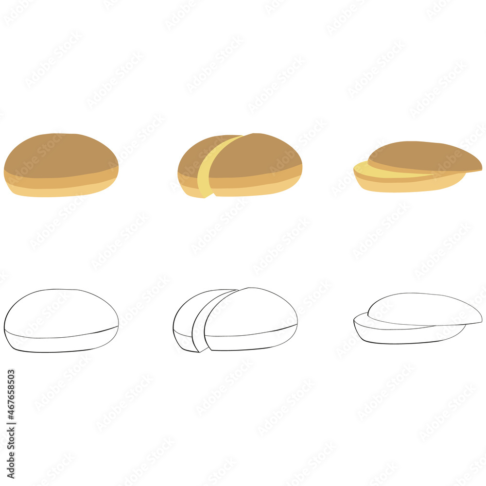 A jpeg illustration of six round buns isolated on transparent background. Designed in brown, beige, black and white colors as a coloring book page A jpeg illustration of six round buns isolated on transparent background. Designed in brown, beige, black and white colors as a coloring book page
