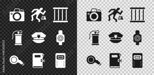 Set Photo camera, Crime scene, Prison window, Whistle, Police station folder, assault shield, Hand smoke grenade and cap with cockade icon. Vector