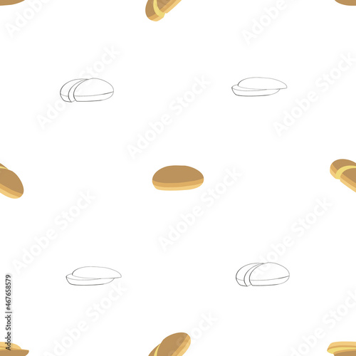 A jpeg pattern illustration of round buns isolated on transparent background. Designed in brown, beige, black and white colors for prints, templates, backgrounds, wraps