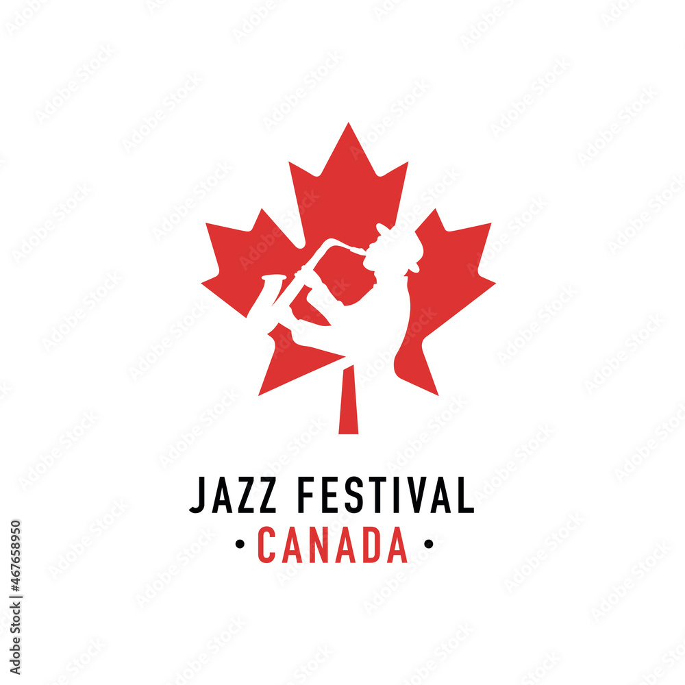 Music logo design vector template illustration with red canadian maple leaf. Jazz Festival in Canada Music logo design vector template illustration with red canadian maple leaf. Jazz Festival in Canada