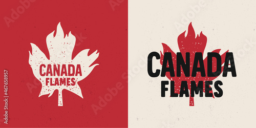 Vintage logo canada flames. Maple leaf fire logo and icon design vector.