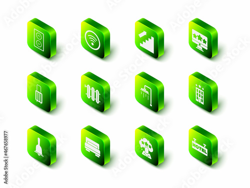 Set Wi-Fi wireless, Stairs up, Five stars rating review, Hotel building, Signboard with text, Shower, and room bed icon. Vector