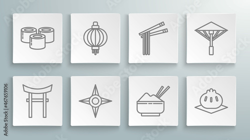 Set line Japan Gate, Japanese paper lantern, ninja shuriken, Rice bowl with chopstick, Khinkali on cutting board, Asian noodles and chopsticks, umbrella from the sun and Sushi icon. Vector