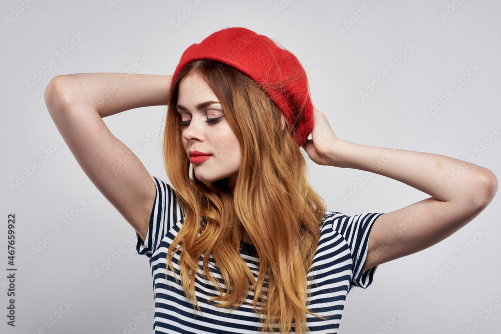 cheerful woman wearing a red hat makeup France Europe fashion posing isolated background cheerful woman wearing a red hat makeup France Europe fashion posing isolated background