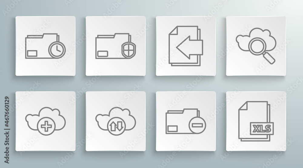 Set line Add cloud, Document folder protection, Cloud download and upload, with minus, XLS file document, Next page arrow, Search computing and clock icon. Vector Set line Add cloud, Document folder protection, Cloud download and upload, with minus, XLS file document, Next page arrow, Search computing and clock icon. Vector