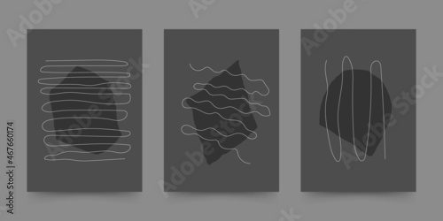Abstract geometric hand drawn shapes set with curved lines in mid century style. Boho design for wall decoration, poster, print, cover, wallpaper. Minimal dark wall art. Vector