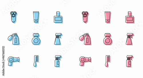 Set line Hair dryer, Hairbrush, Electric razor blade for men, Hairdresser pistol spray bottle, Aftershave, with atomizer and Cream lotion cosmetic tube icon. Vector