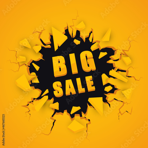 Big sale banner. Exploding wall. Vector background