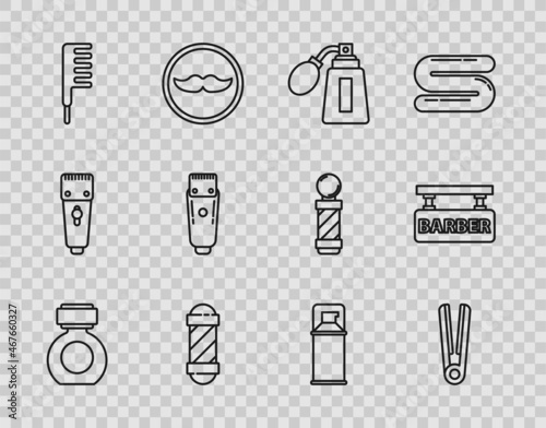 Set line Aftershave, Curling iron for hair, bottle with atomizer, Classic Barber shop pole, Hairbrush, Electrical clipper shaver, Shaving gel foam and Barbershop icon. Vector