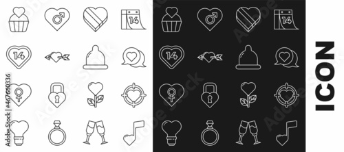 Set line Music note, tone with hearts, Heart in the center of darts target aim, speech bubble, Candy shaped box, Amour arrow, Wedding cake and Condom icon. Vector