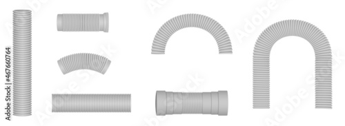 Corrugated hose connections in various shapes. Curved plastic pipes . photo