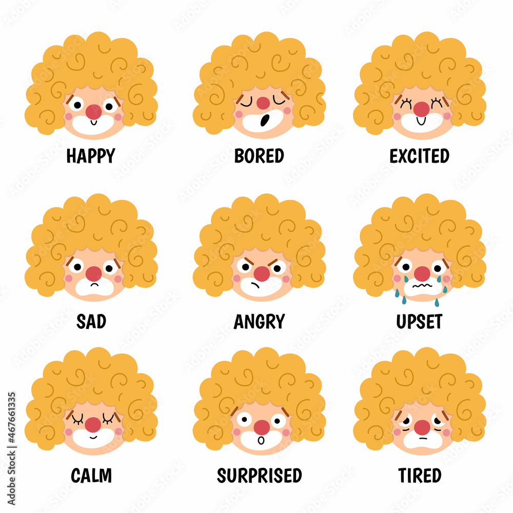 Vector set with clown faces showing feelings and emotions. Circus artists avatars clipart. Amusement heads icons. Cute funny festival characters clipart. Street show comedians illustration. Vector set with clown faces showing feelings and emotions. Circus artists avatars clipart. Amusement heads icons. Cute funny festival characters clipart. Street show comedians illustration.